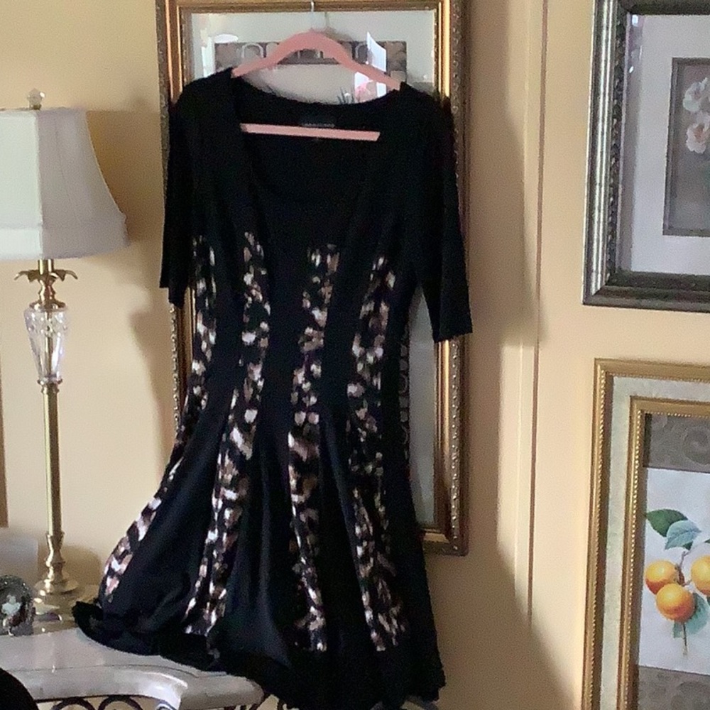 Connected apparel half sleeve stretch dress black w leopard 🐆 fit & flai